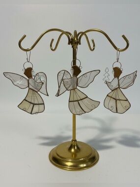 Vintage Capiz Shell Angel Ornaments Set of 3 – Brass Wire – Trumpet Star Tree